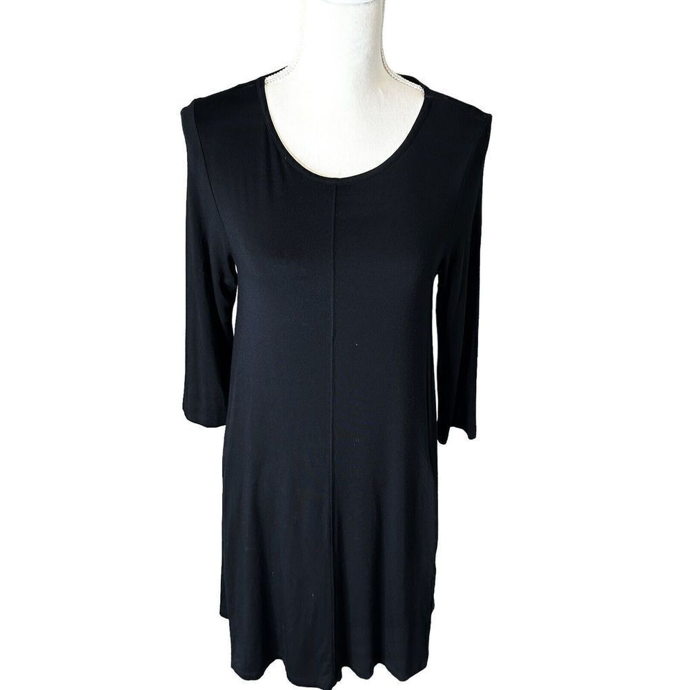 Sigrid Olson Women’s Black Rayon Shift Dress Pockets Half Sleeve Sz Small